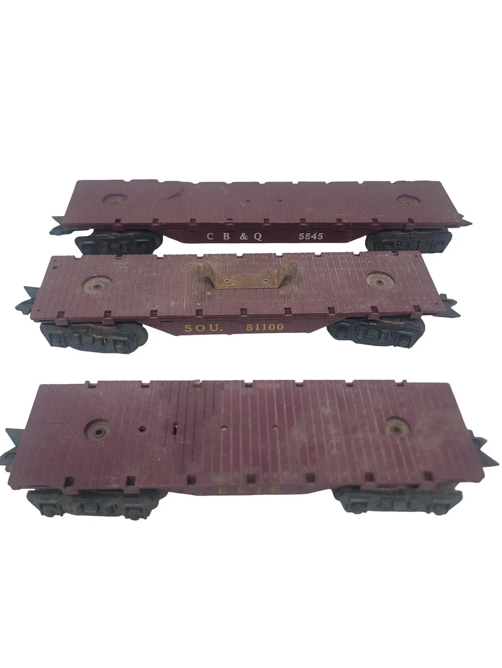 Marx O Gauge Flatcar Lot of 3 CB&Q 5545 Southern 51100 Erie Freight Train Cars